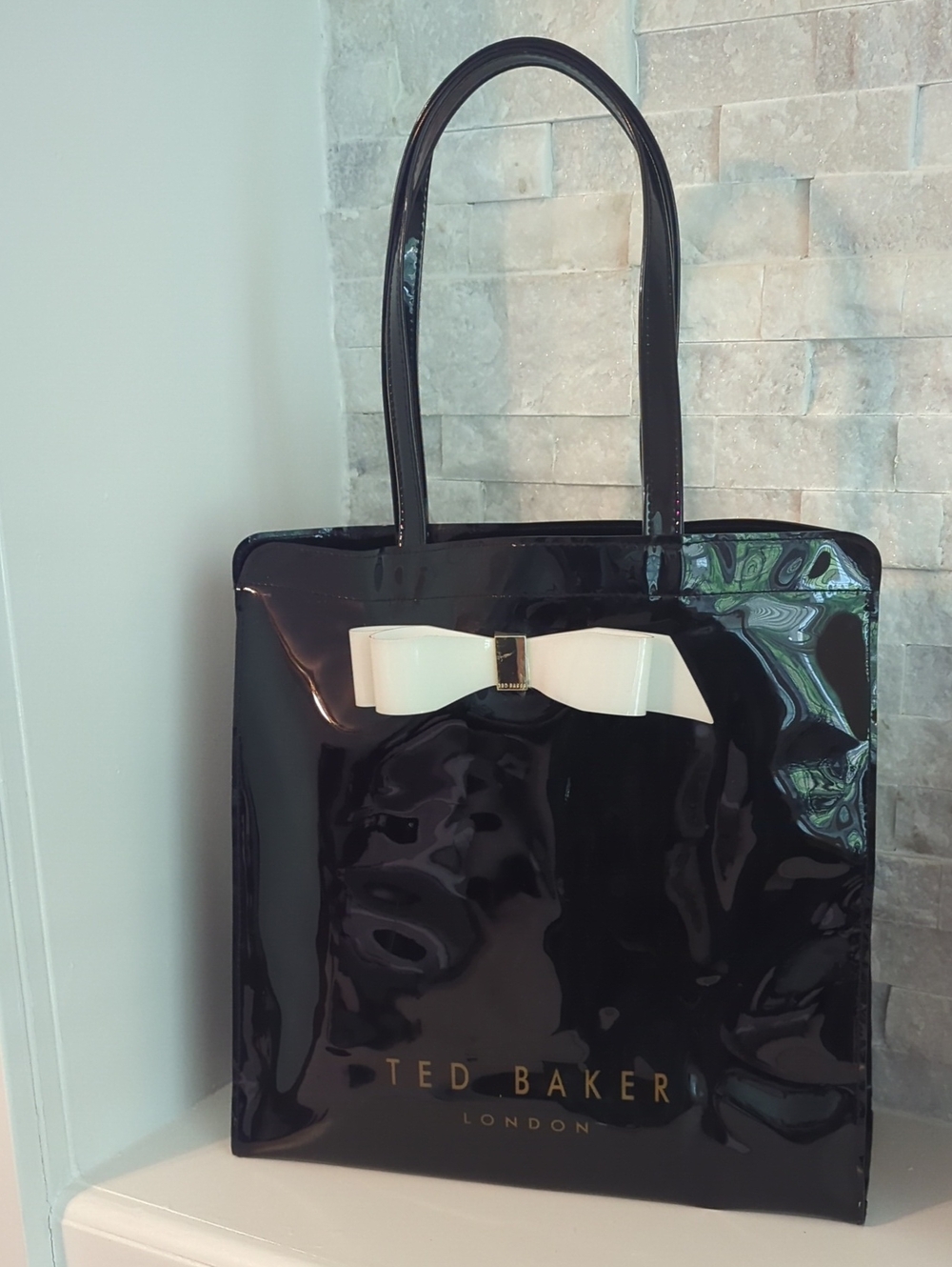 Ted Baker Black Patent Tote with Cream Bow Accent